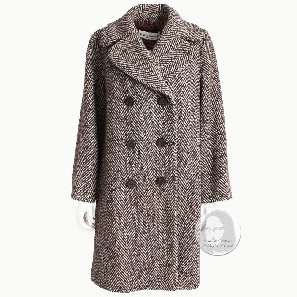 Dolce & Gabbana Wool Coat Classic Herringbone Double Breasted Brown Cream Sz 40